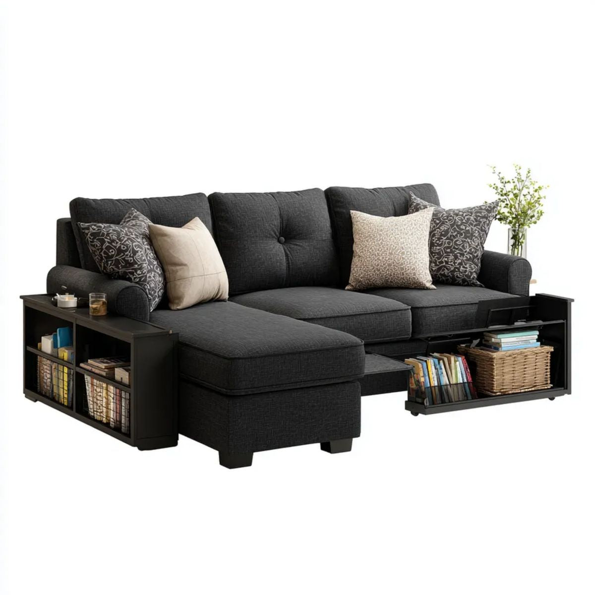 Sofa, kabriolet z lewej strony narożnik sofa w kolorze czarnym i antracyt z szarym tkaniny z przezroczystego przechowywania, 250 x 160 x 88 cm
