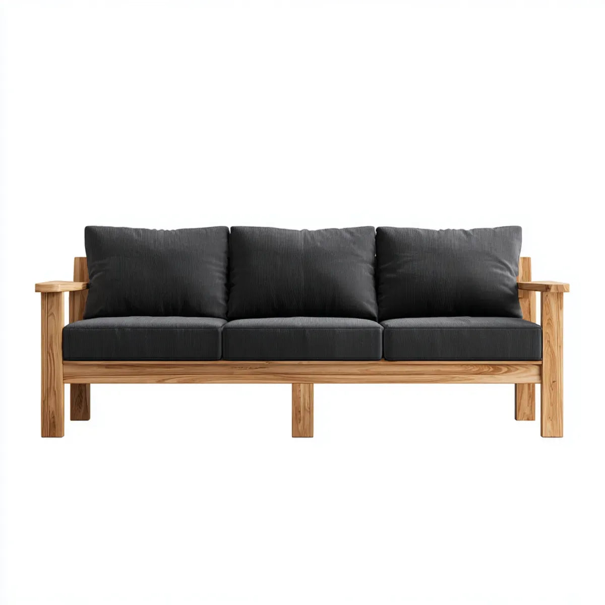 Sofa ogrodowa, 3 fotela czarna kanapa ogrodowa i naturalne drewno w teku stałym 210 x 78 x 75 cm