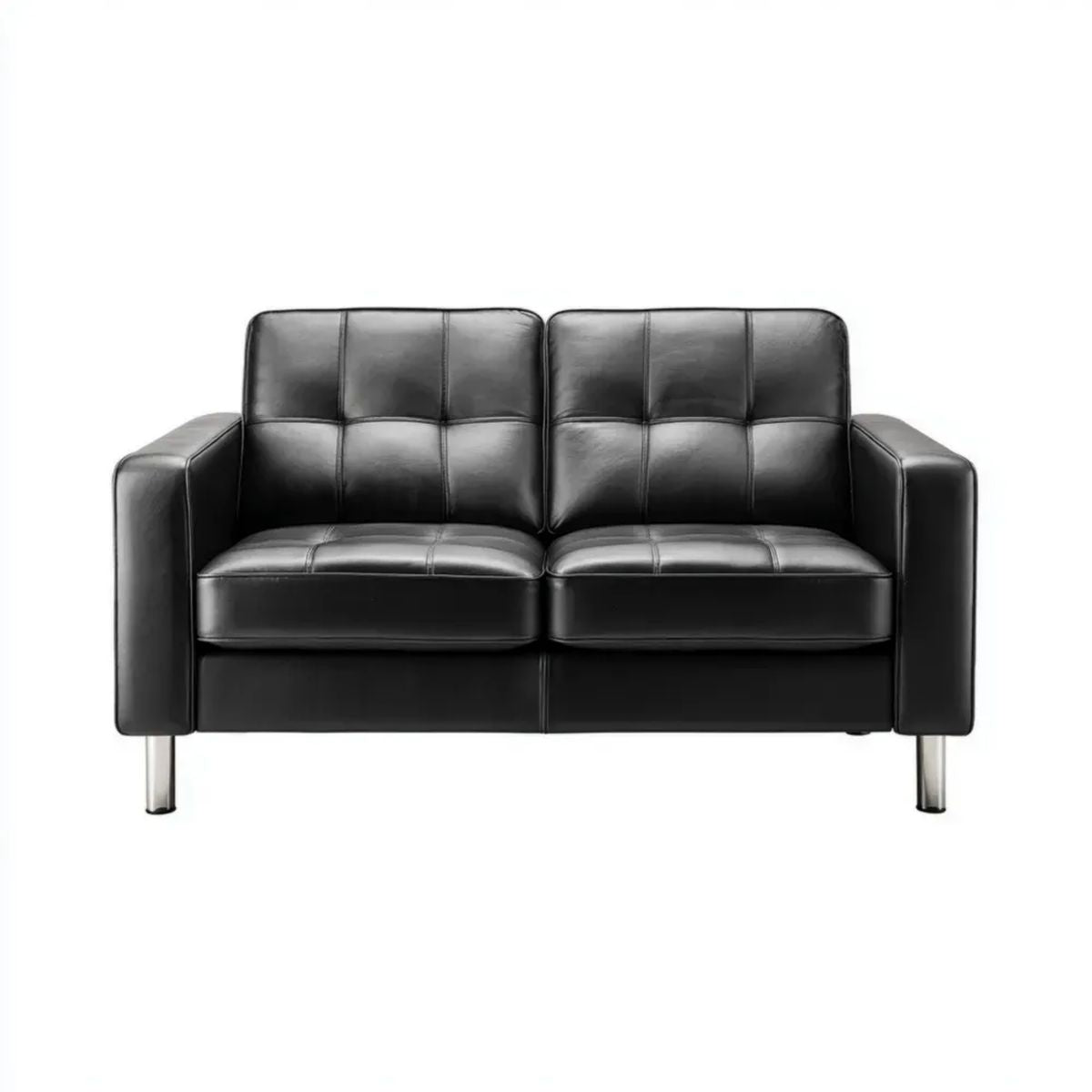 Sofa, 2-osobowa w czarnej, poliuretanowej, syntetycznej skórze z metalowymi nóżkami, 137 x 76 x 86 cm