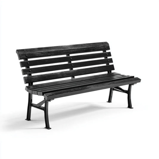 Ławka ogrodowa 3 fotele czarne 150 x 60 x 82 cm w litym drewnie i prostokątnym odlewie żelaza