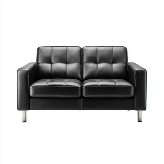 Sofa, 2-osobowa w czarnej, poliuretanowej, syntetycznej skórze z metalowymi nóżkami, 137 x 76 x 86 cm