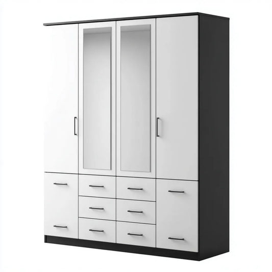Szafa, Prostokątna Szafa 4-drzwiowa i 10 szuflady z lusterkami, biały i czarny w melaminowanej płyty wiórowej cząstek stałych, 180 x 52 x 200 cm